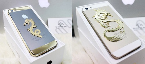 iPhone 5S phiên bản khảm rồng vàng giá khủng tại Việt Nam được mạ vàng 24 kara và khảm rồng nguyên khối 18 kara.